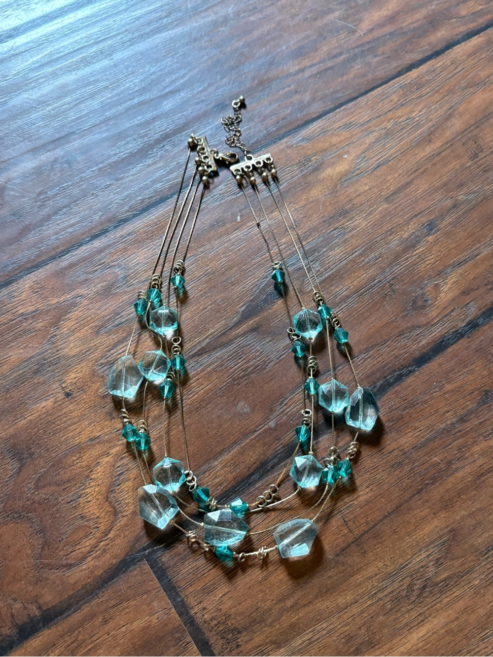 Multi-Strand Teal Crystal and Gold-Tone Layered Necklace
